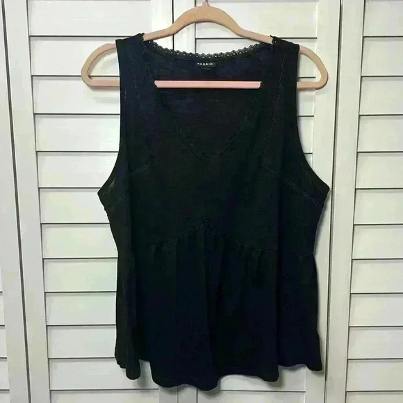 Torrid Cotton Modal Slub Ladder Trim V-Neck Babydoll Tank Top Size 1X Black - Picture 2 of 13